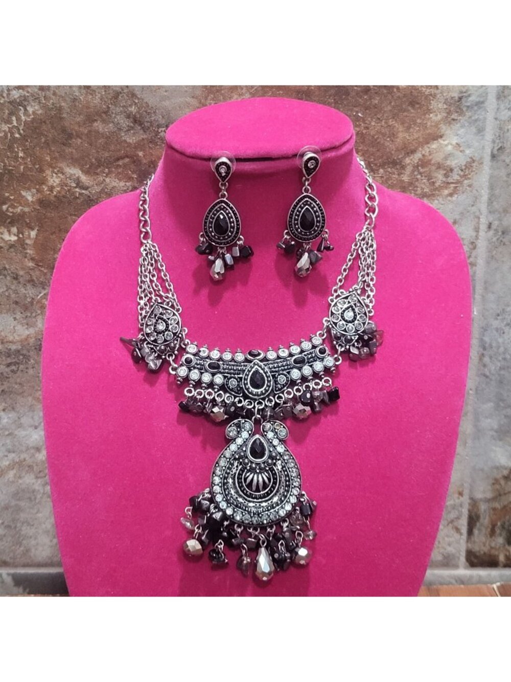 Oxidized Silver Black Stone Statement Necklace Earrings Set Tribal Boho Dangle